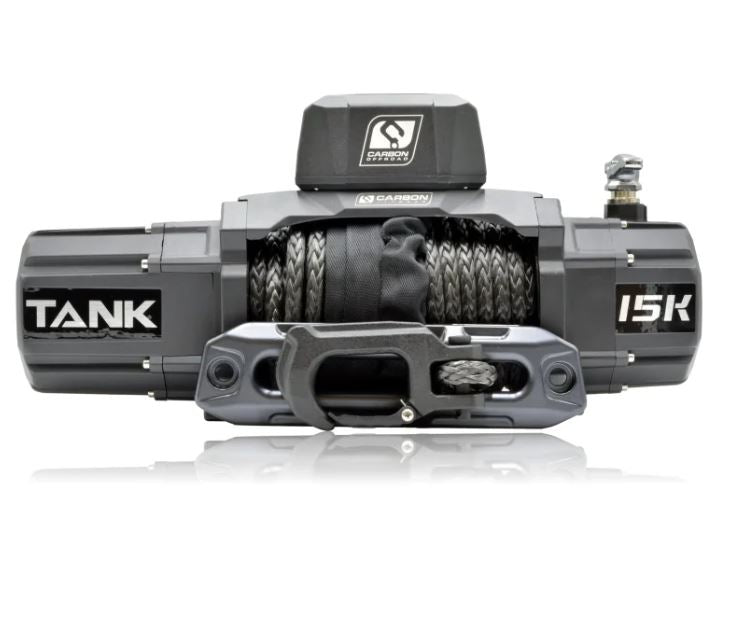 A black Carbon Offroad TANK 15,000lb 12V Electric Winch with synthetic rope.