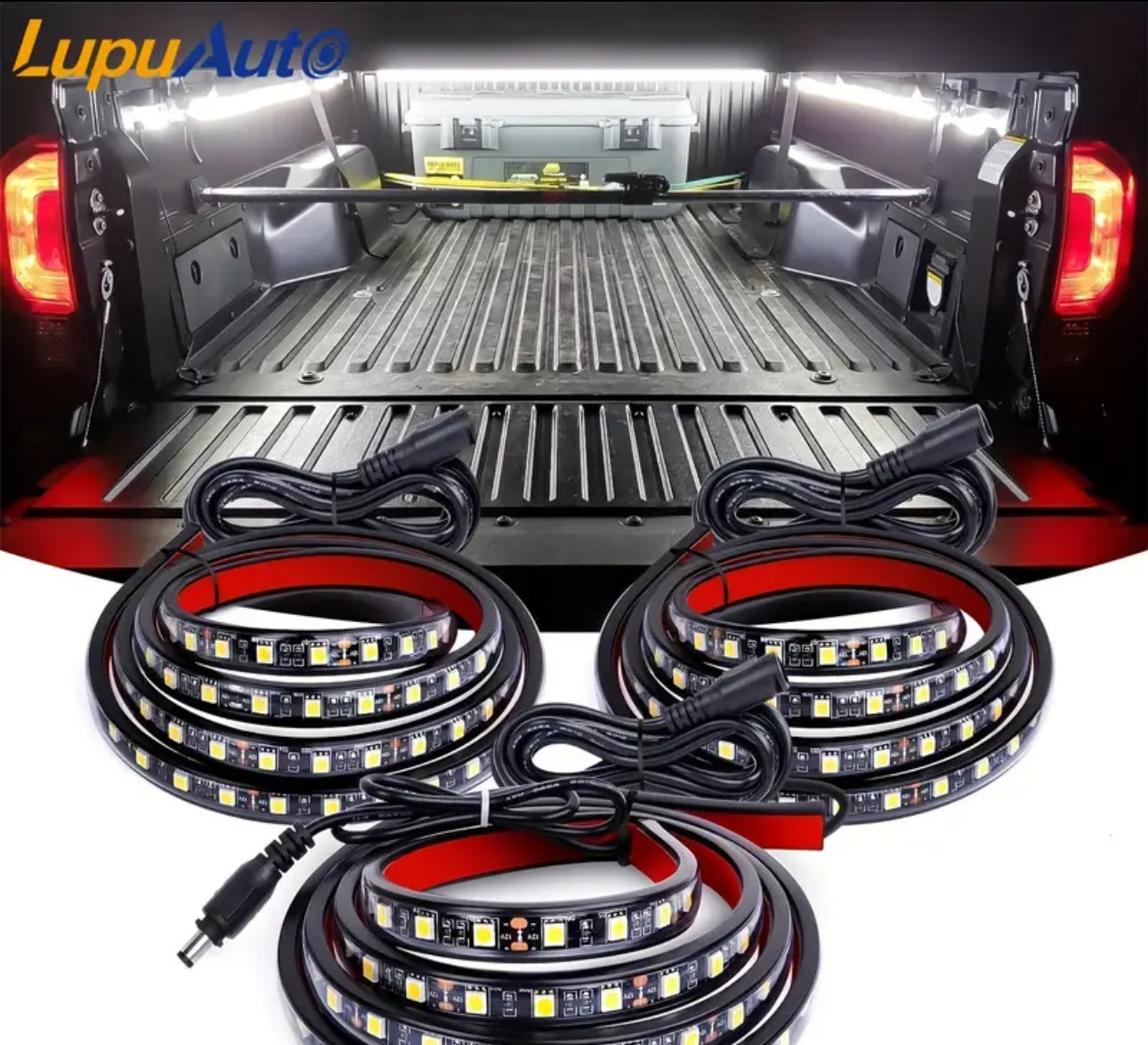 Three coiled LED light strips designed for use in a vehicle's bed, displayed with a black background.