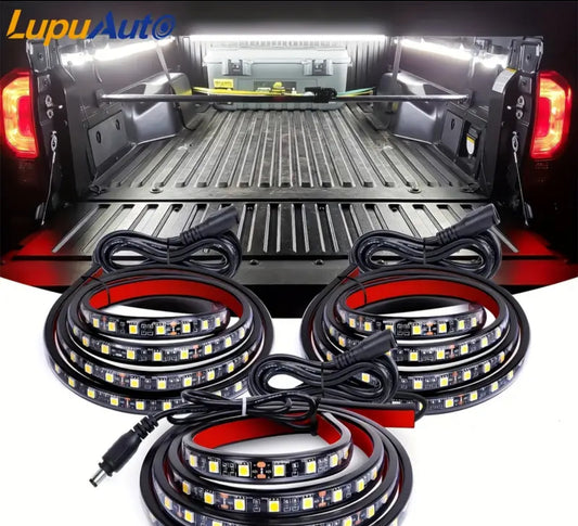 Three coiled LED light strips designed for use in a vehicle's bed, displayed with a black background.