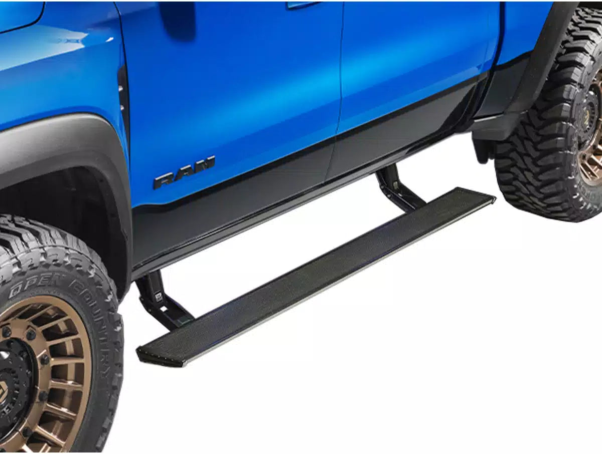 Blue truck with black side steps on a white background