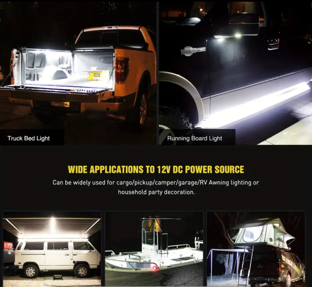 Three coiled LED light strips designed for use in a vehicle's bed, displayed with a black background.