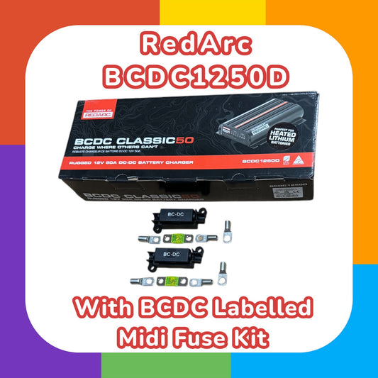 RedArc BCDC1250D in-vehicle dual battery charger kit with components laid out next to the packaging box labeled with BCDC Midi Fuse Kit.