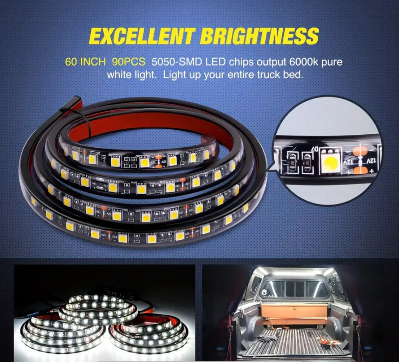 Three coiled LED light strips designed for use in a vehicle's bed, displayed with a black background.
