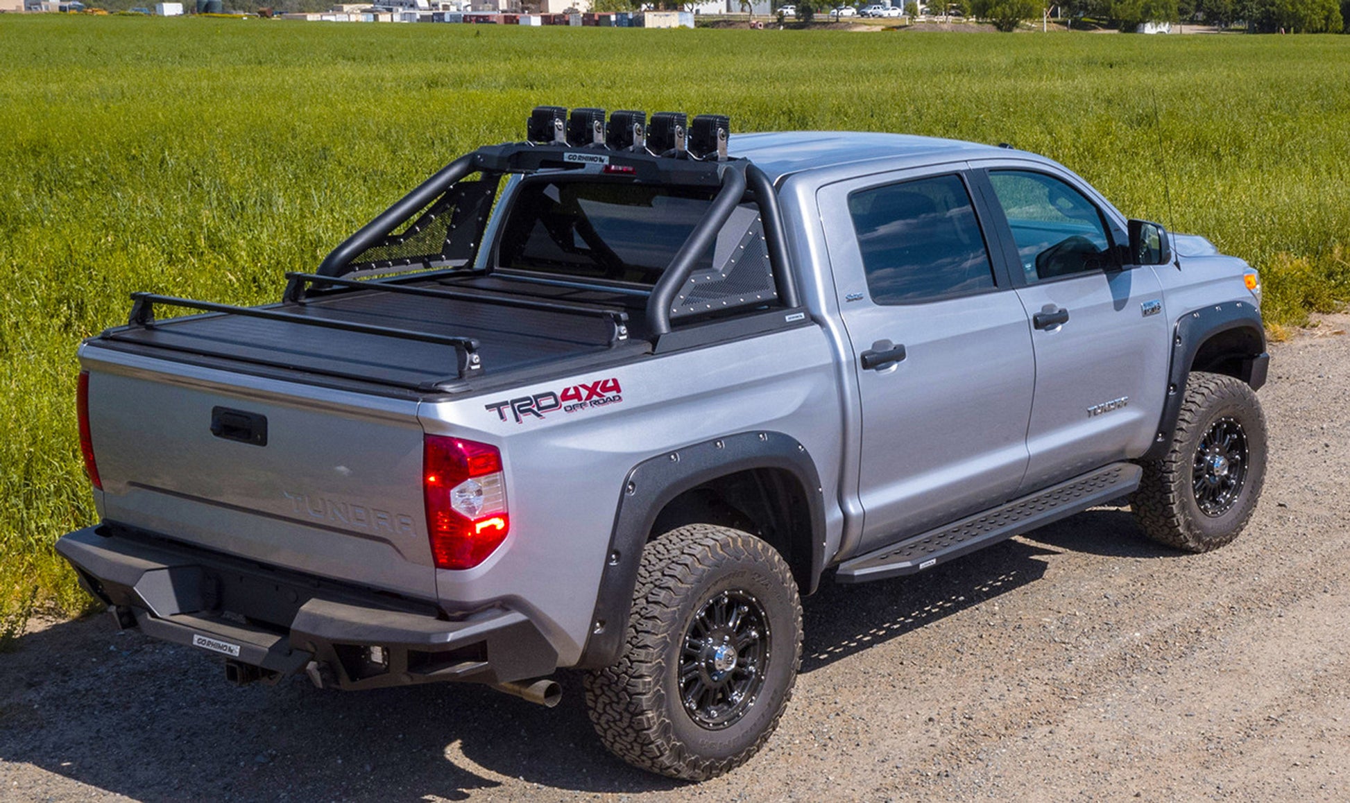 Silver truck with 'TRD Off-Road' with Go Rhino Sport bar 2.0 with Actuator Lights