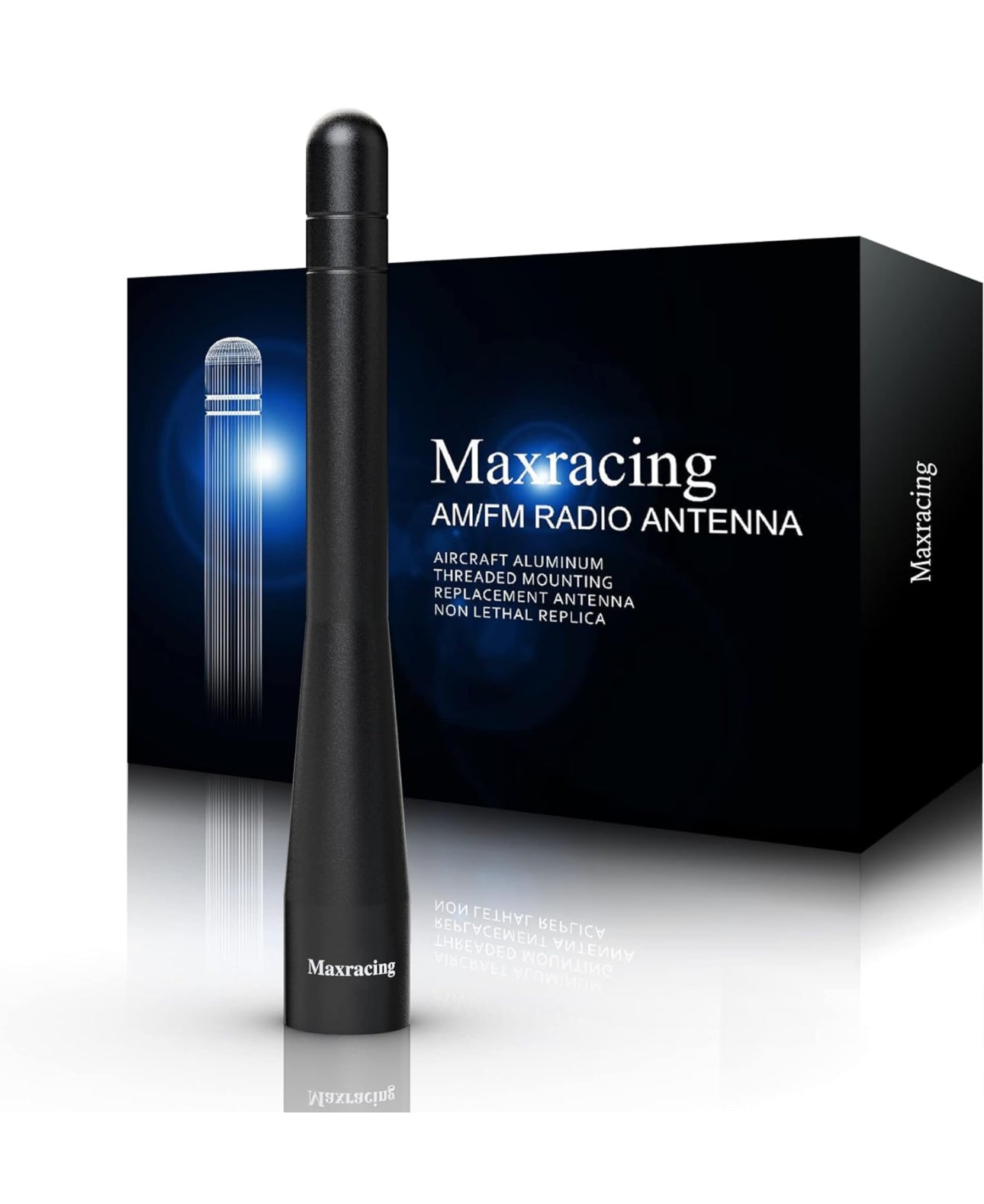 A Maxracing short antenna for Chevrolet Silverado 1500, displayed alongside its packaging box. The antenna is black and the box features the Maxracing logo and product information.