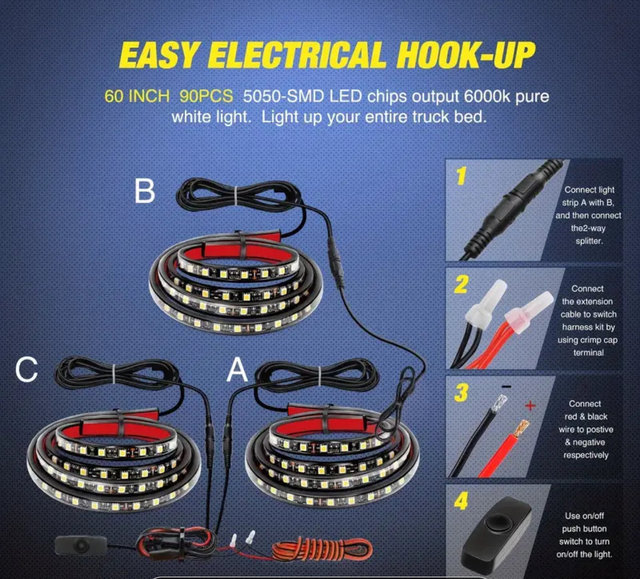 Three coiled LED light strips designed for use in a vehicle's bed, displayed with a black background.