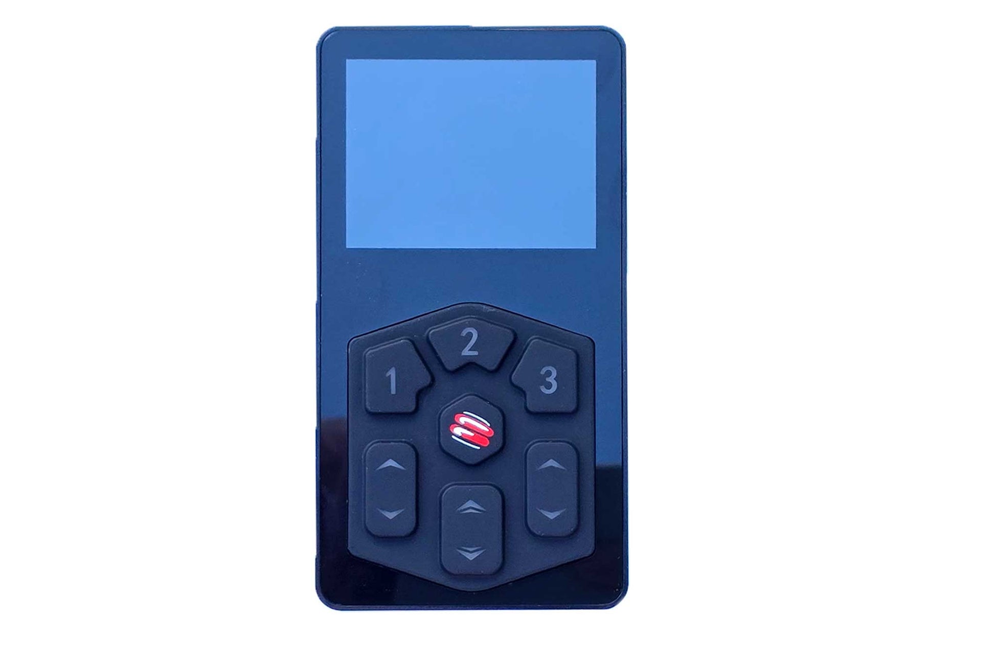 Blue digital device with a screen and buttons on a white background  Boss Air Onboard Air