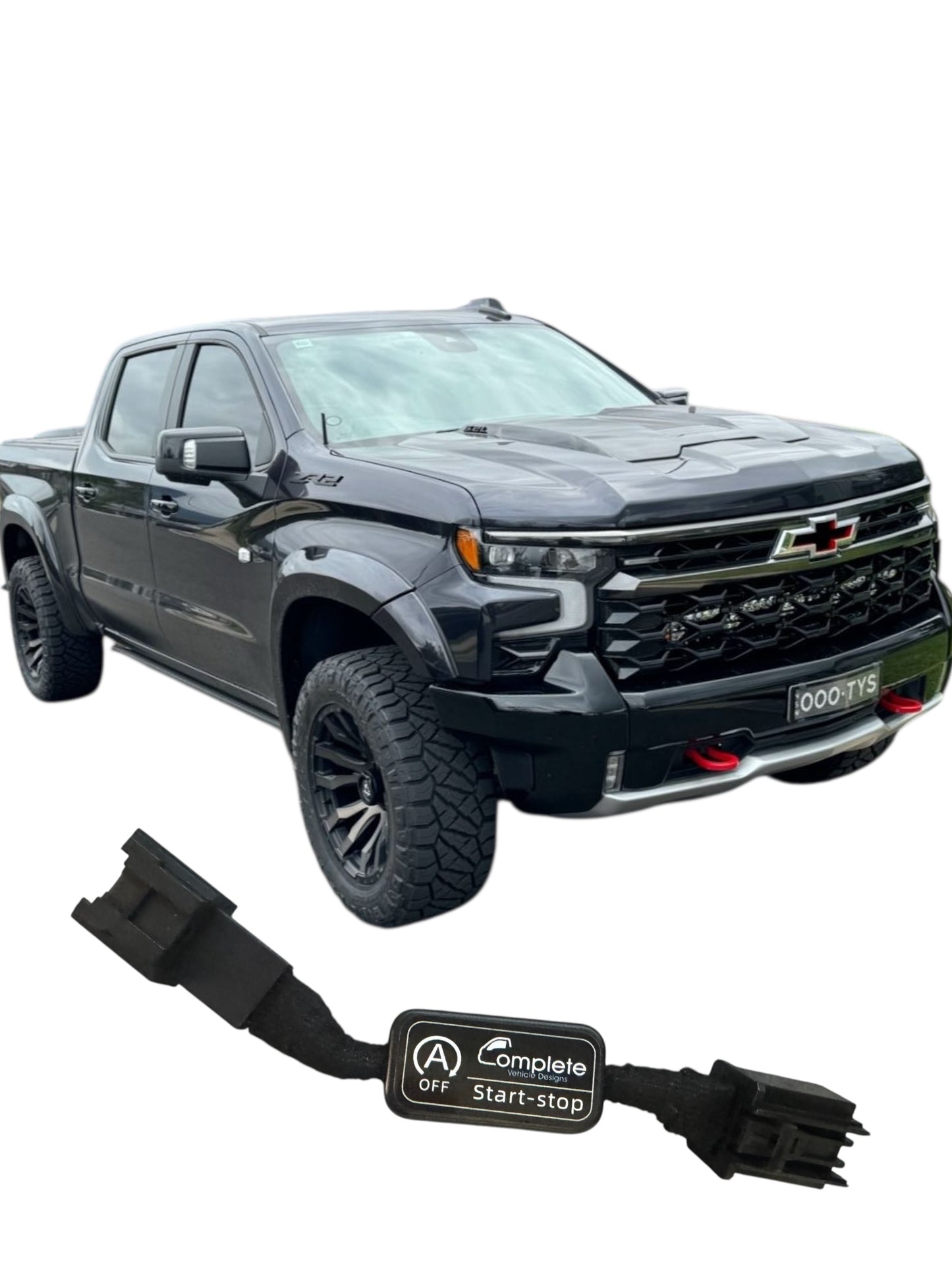 Silverado ZR2 with a remote start/stop device on a white background
