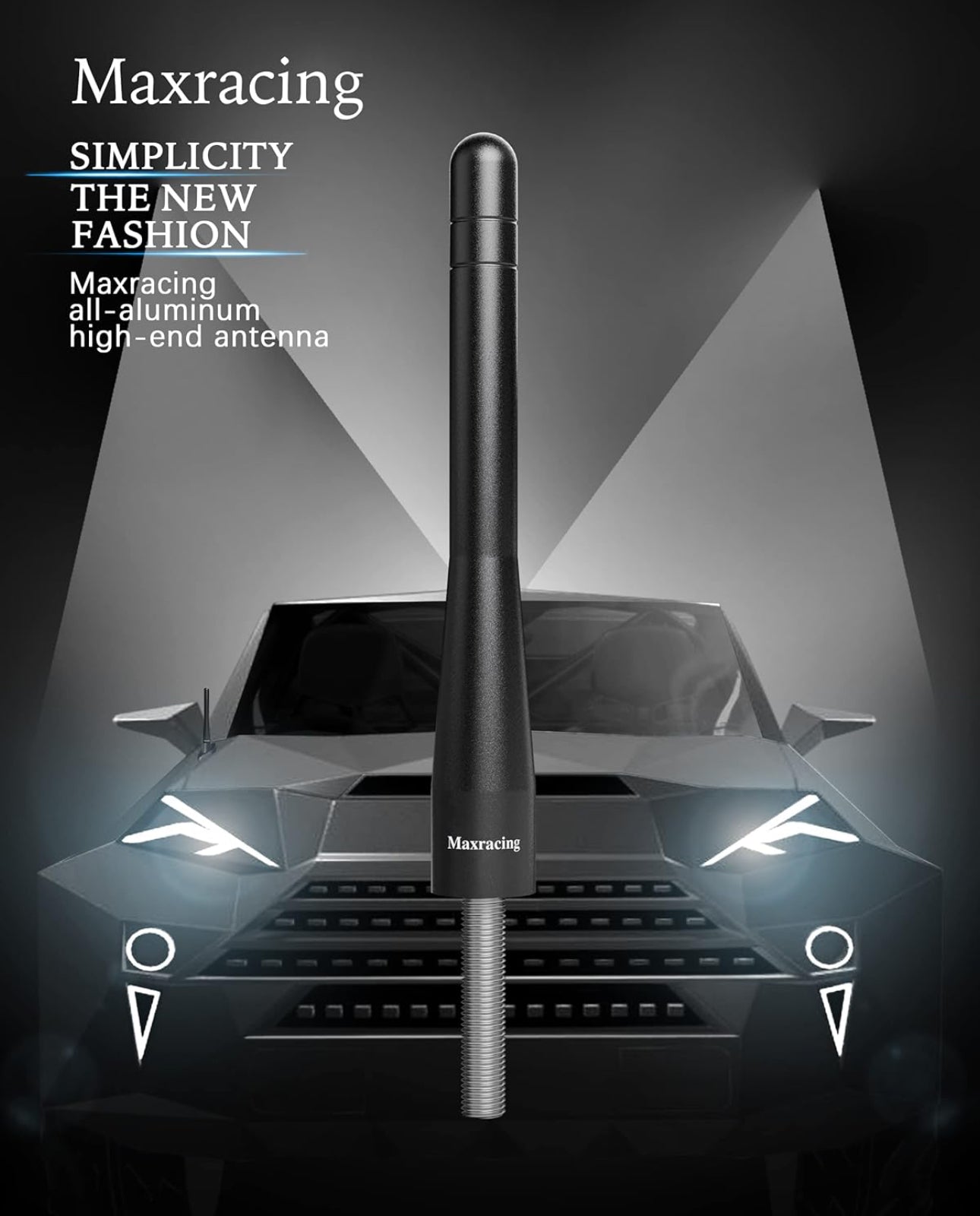 A Maxracing short antenna for Chevrolet Silverado 1500, displayed alongside its packaging box. The antenna is black and the box features the Maxracing logo and product information.