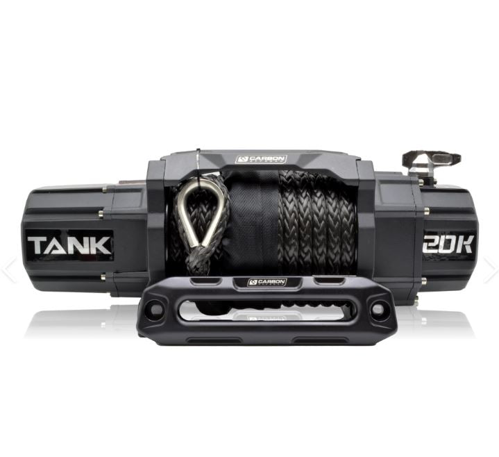 A black Carbon Tank 20,000lb electric winch with a fairlead and mounting bracket.