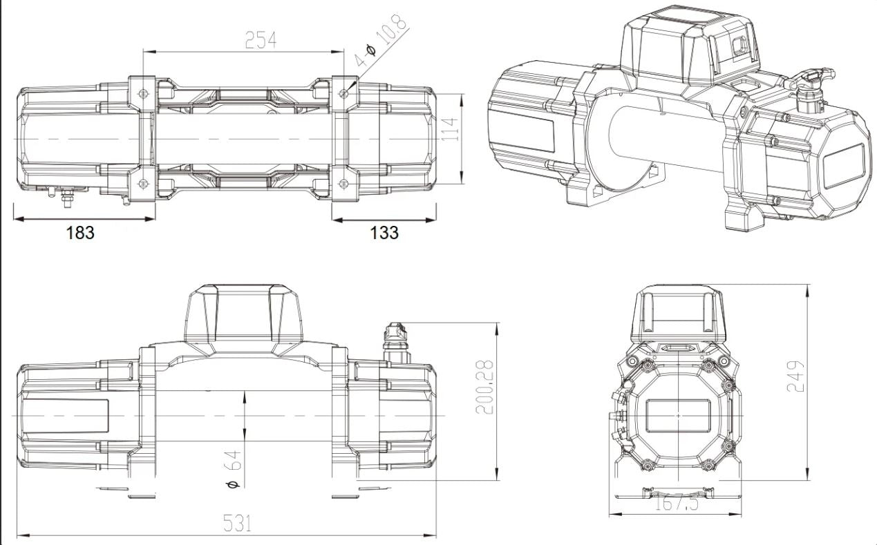 A black Carbon Winch Offroad TANK 15,000lb 12V Electric Winch Diagram
