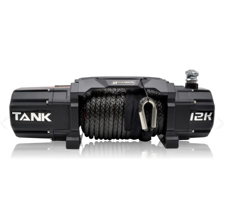 Black Carbon Tank 12,000lb electric winch with a fairlead and control box, designed for offroad vehicles.