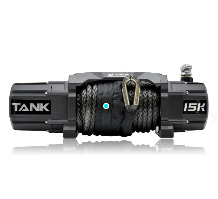A black Carbon Offroad TANK 15,000lb 12V Electric Winch with synthetic rope.