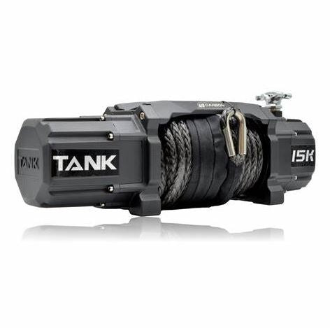 A black Carbon Winch Offroad TANK Series 15,000lb 12V Electric Winch with synthetic rope.
