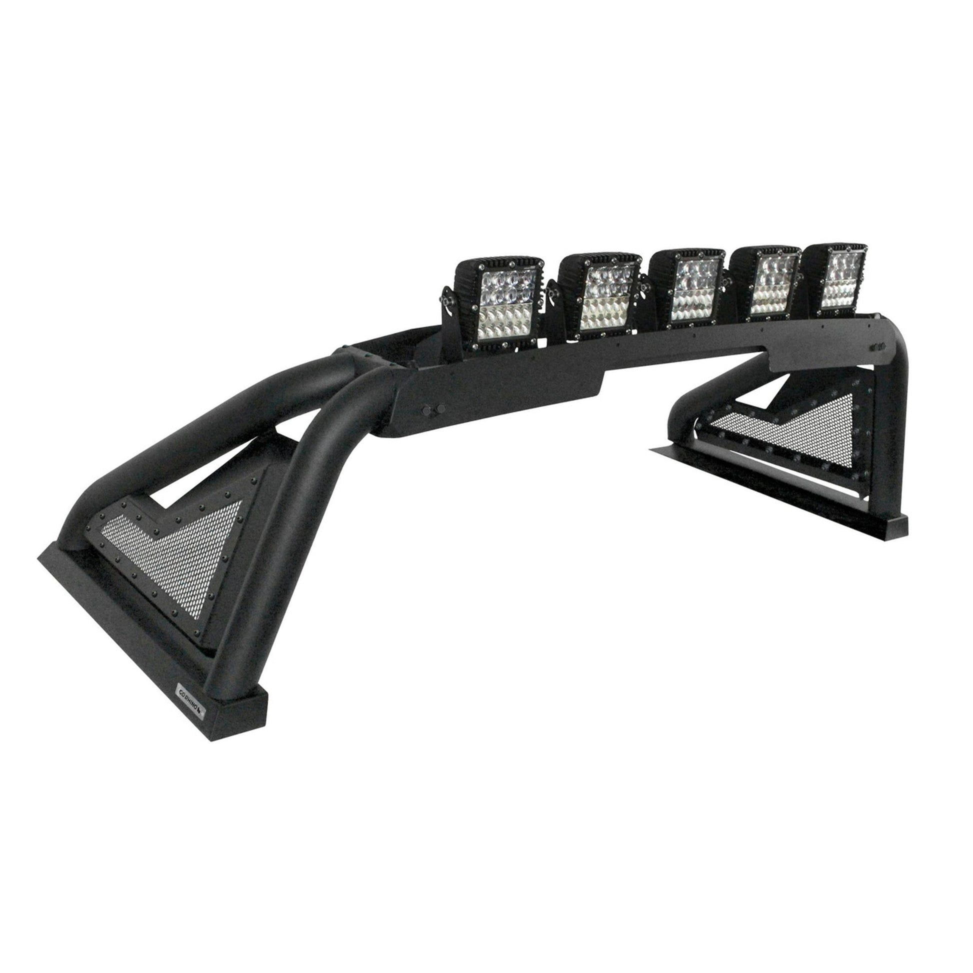 Black off-road light bar with multiple LED lights on a white background