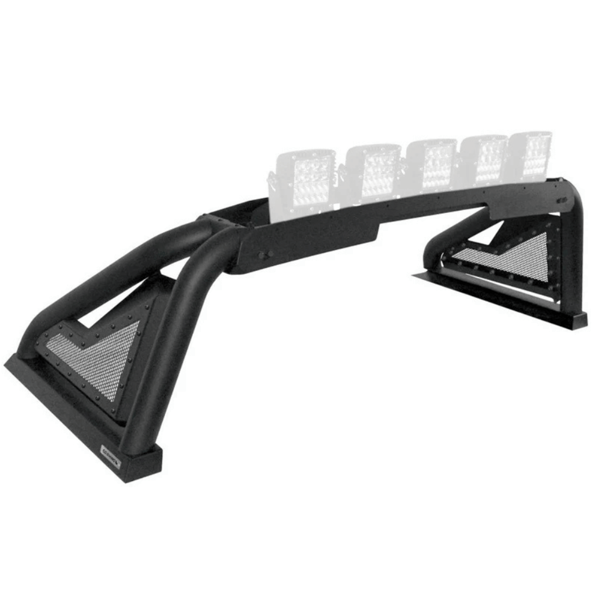 Black vehicle roof rack with mesh design on a white background