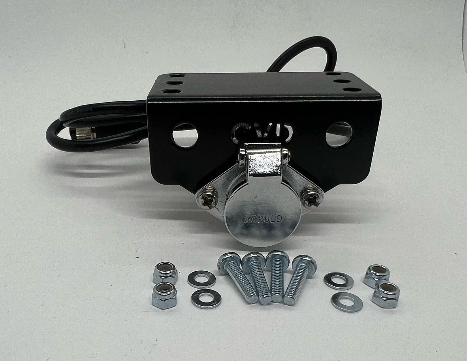 A black steel Wozza Plug Holder Bracket with mounting bolts and a cable, against a white background.