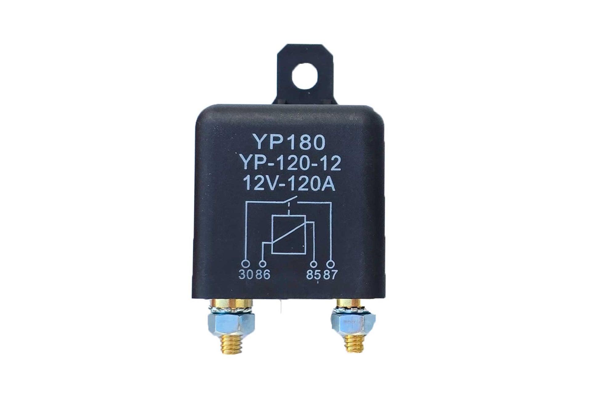 Black relay with 'YP180' and specifications on a white background