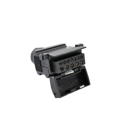 A 12 Pin Flat Trailer Socket with Tornado Spring connections, nickel plated contacts, and a black color scheme.