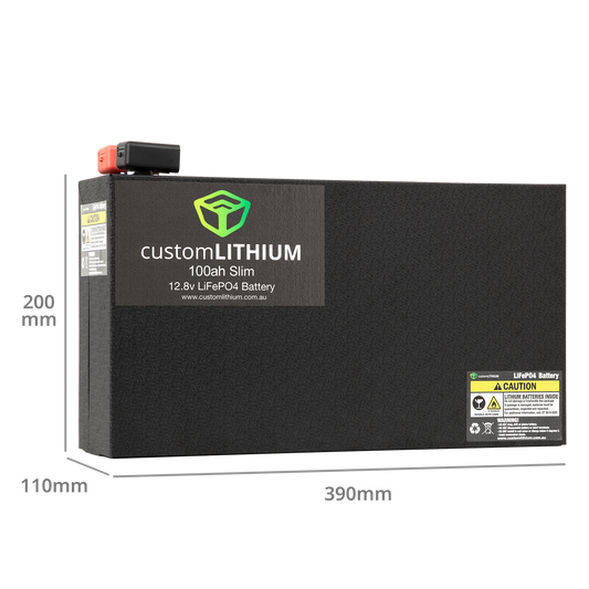 A black lithium-ion battery branded with 'CUSTOM LITHIUM' and specifications such as '12V', '100AH', and '200AH'. The battery is designed for lifePOOL' and is pictured with a red power switch on top.
