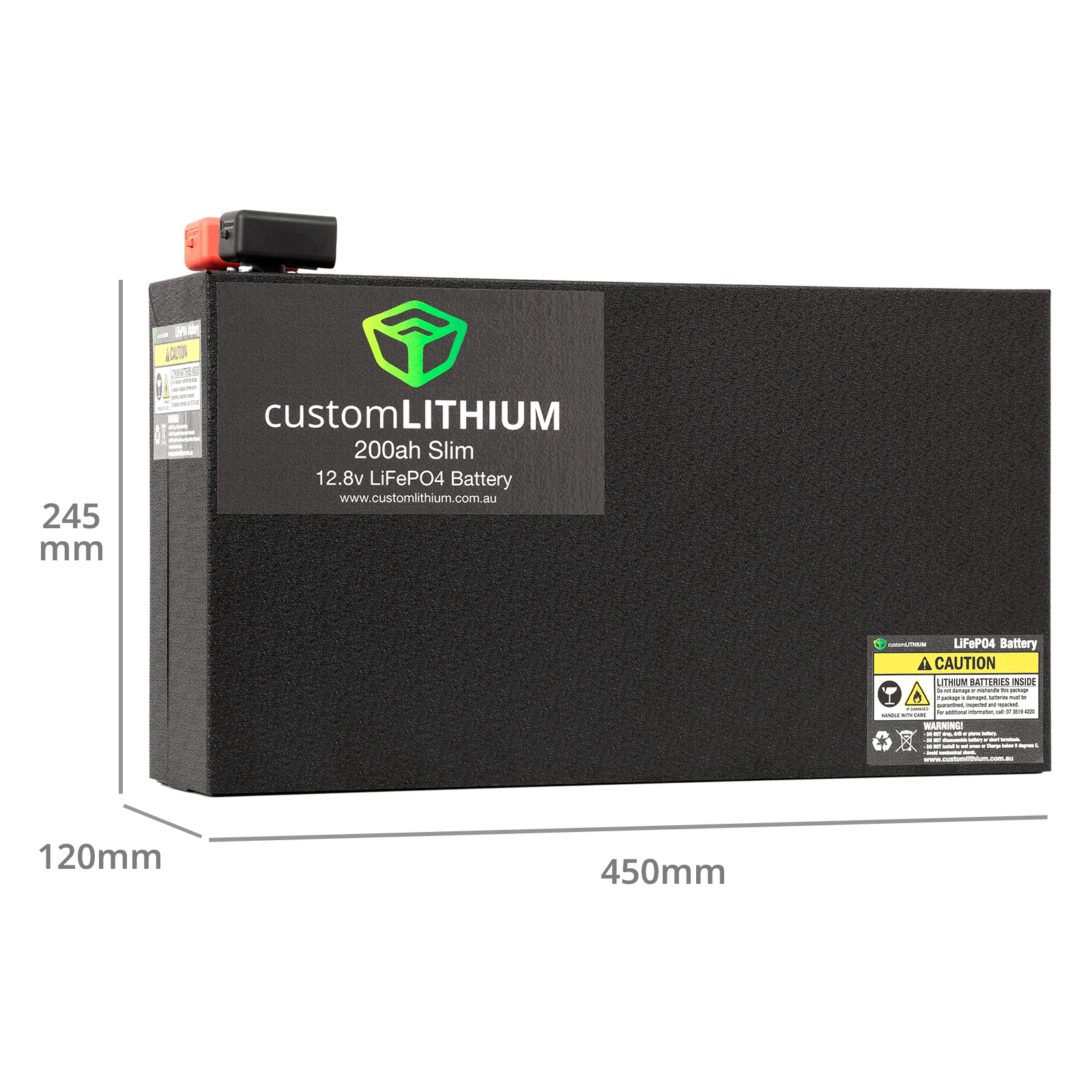 A black lithium-ion battery branded with 'CUSTOM LITHIUM' and specifications such as '12V', '200AH'. The battery is designed for lifePOOL' and is pictured with a red power switch on top.