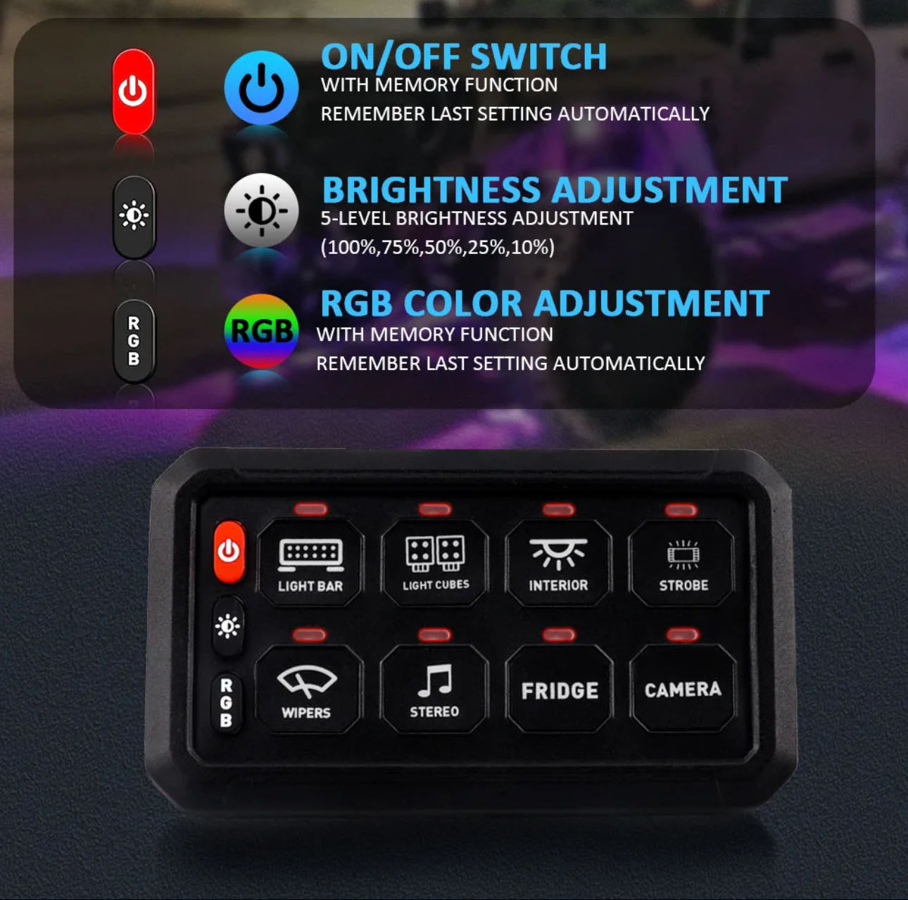 8 Gang Touch Screen LED Switch Panel with Bluetooth - 11 RGB Patterns