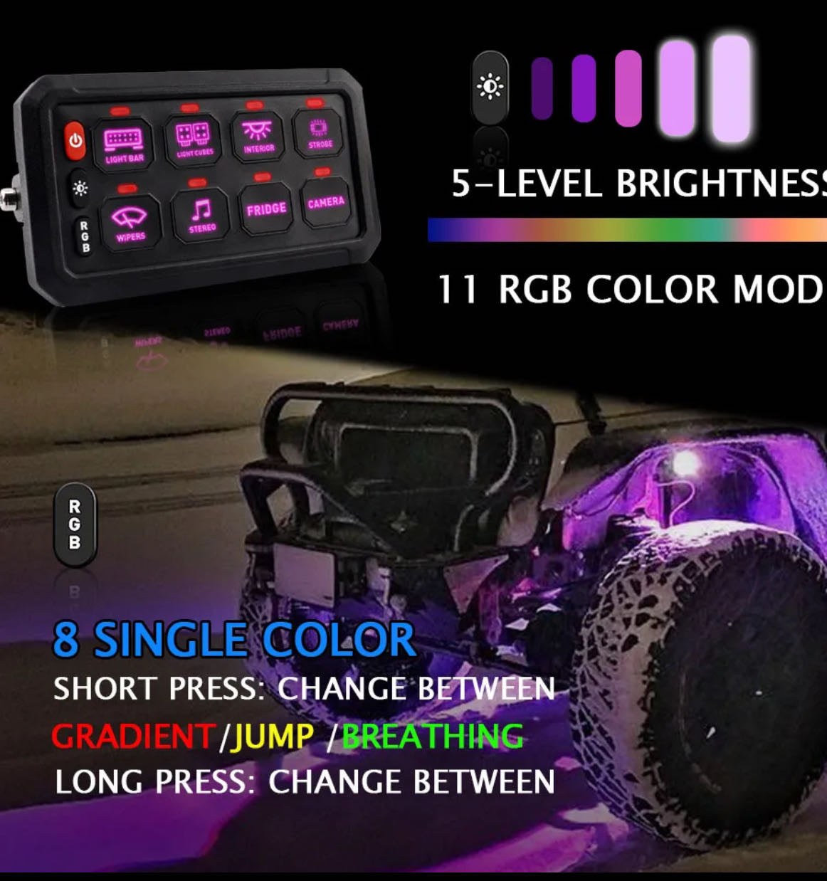 8 Gang Touch Screen LED Switch Panel with Bluetooth - 11 RGB Patterns