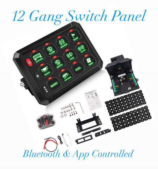 A 12 gang switch panel with Bluetooth and app control features, including a full wiring harness and mounting accessories, is displayed against a white background.