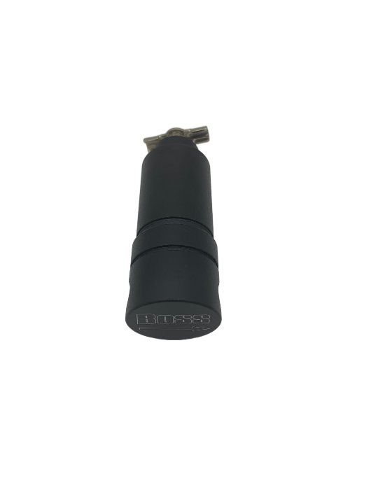 Black cylindrical object with a brand name on a white background