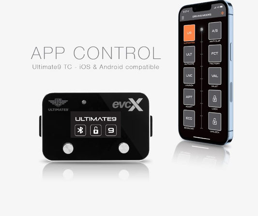 An evcX Throttle Controller with app control feature displayed alongside a smartphone, indicating iOS/Android compatibility.