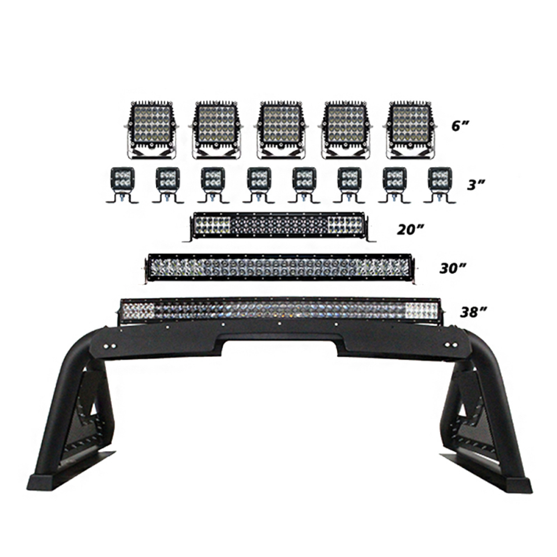 Set of LED lights and a light bar with dimensions displayed on a white background