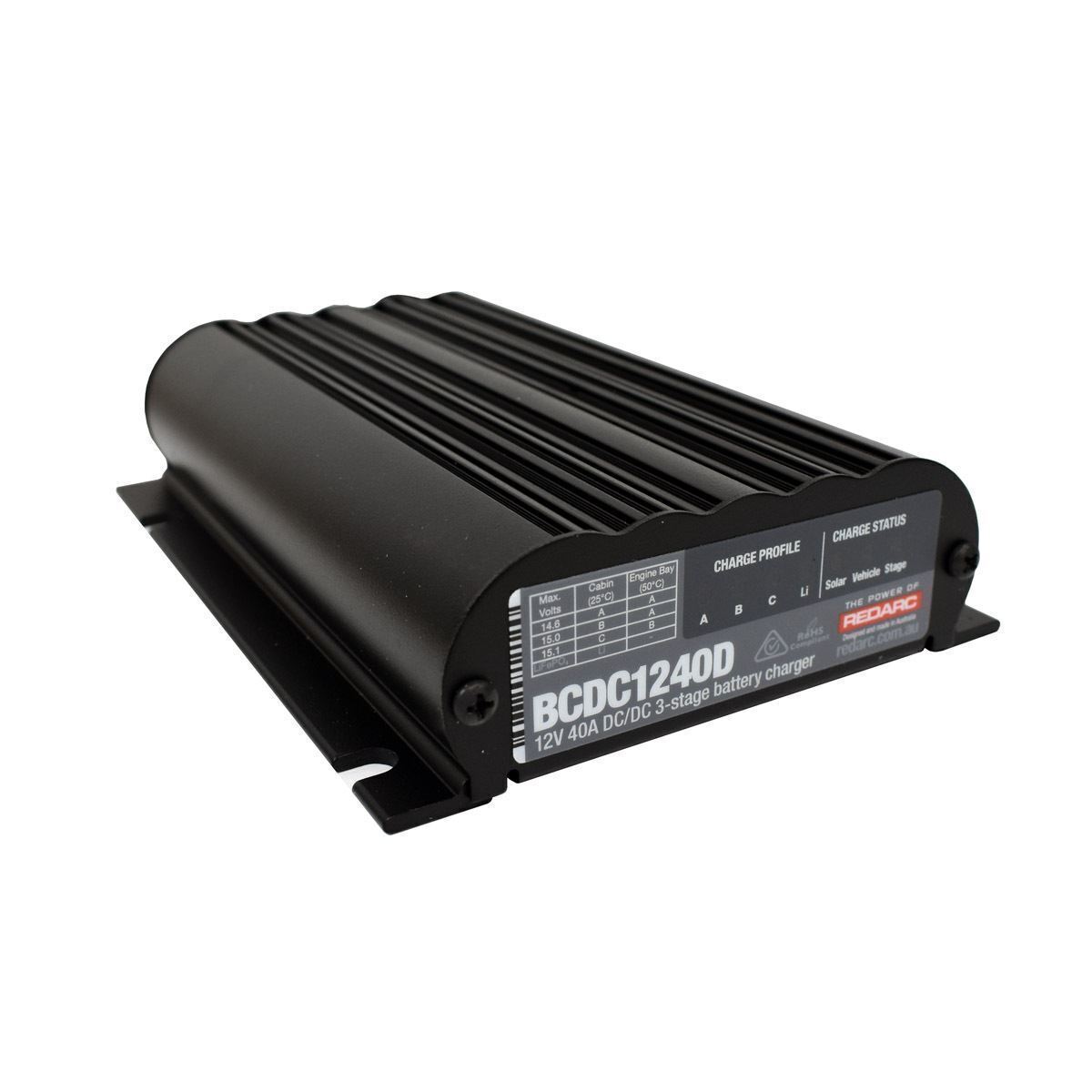 RedArc BCDC1250D in-vehicle dual battery charger kit with components laid out next to the packaging box labeled with BCDC Midi Fuse Kit.