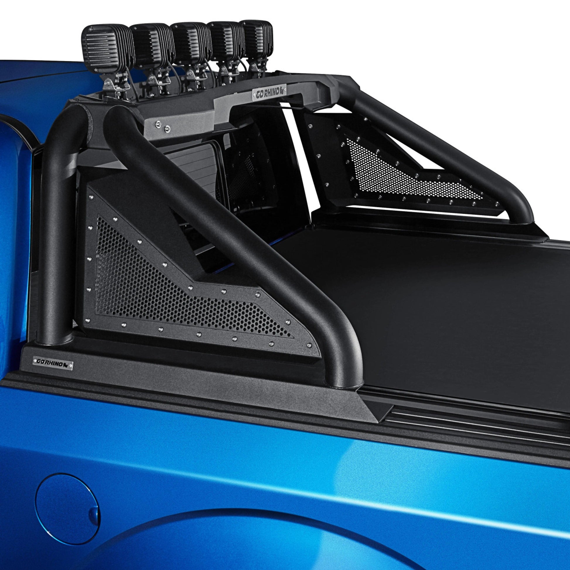 Close-up of a blue vehicle with a black roll bar and additional lights on a white background - Go Rhino Sports Bar 2.0