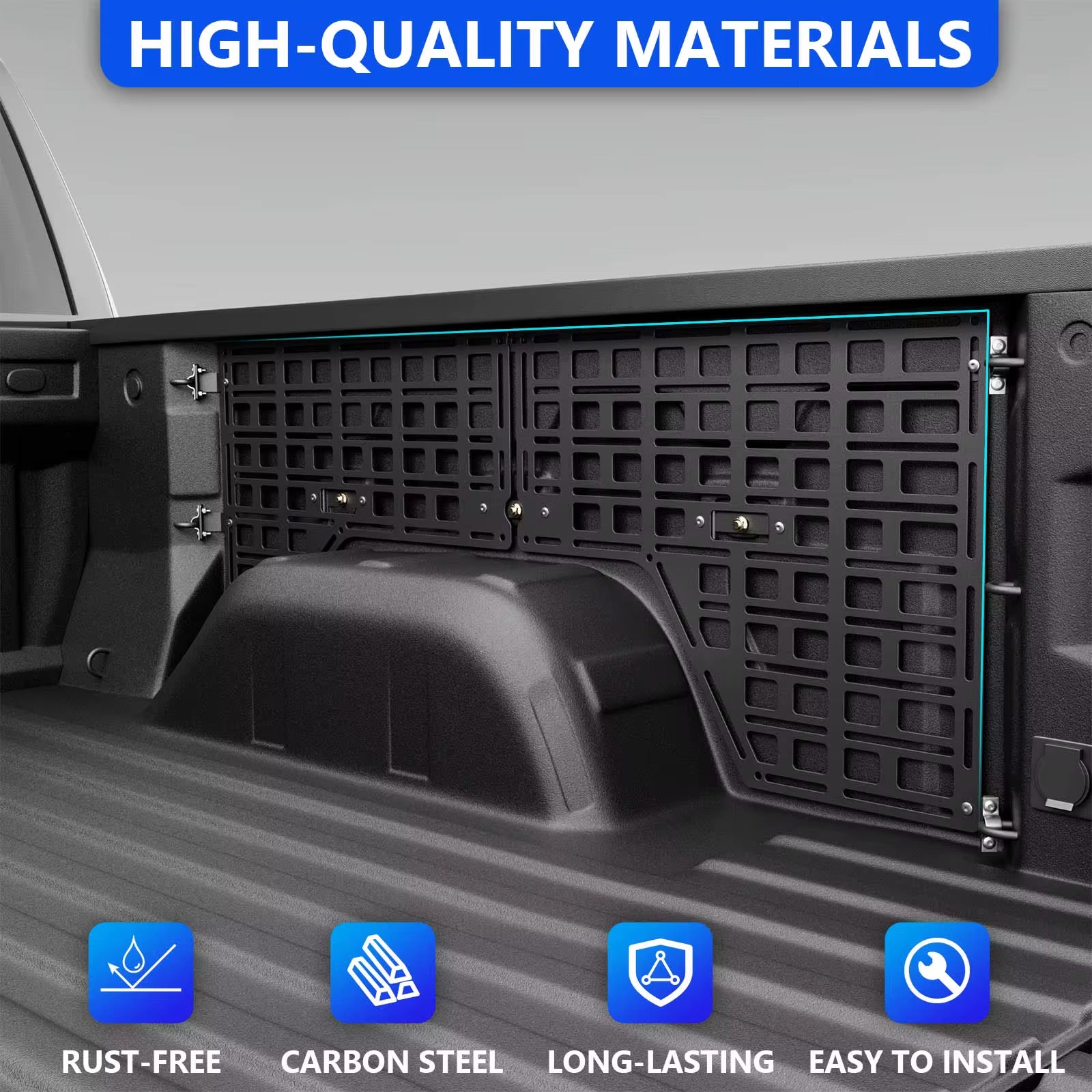 Car trunk with a black protective mat labeled 'High-Quality Materials' with features like rust-free, carbon steel, long-lasting, and easy to install.