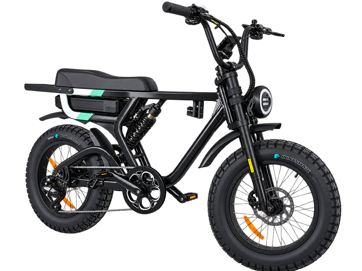 A black electric mini bike with fat tires, a rear cargo platform, and a sleek frame, shown against a solid white background, by Lazy Boy Bikes, model Cruiser.