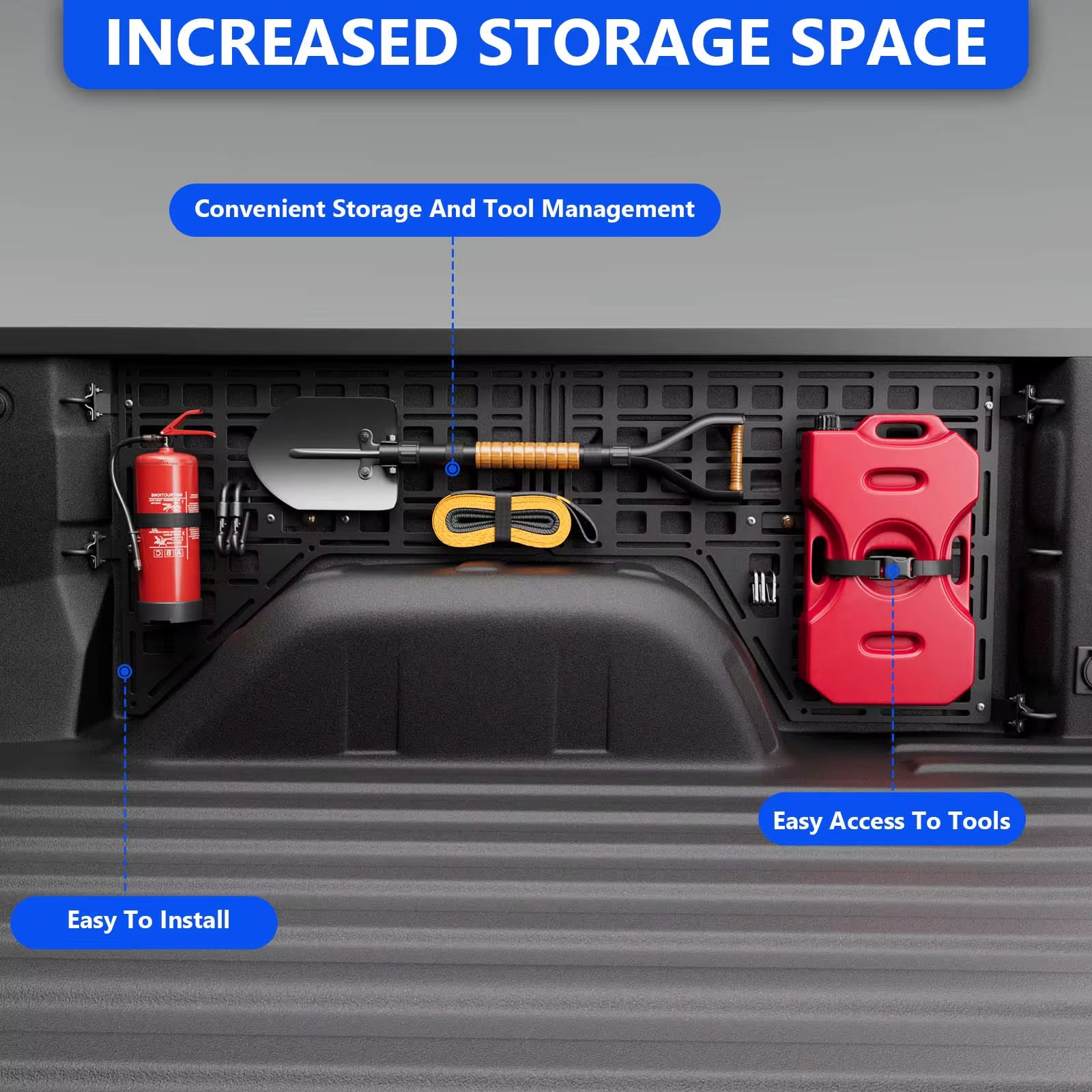 Trunk organizer with tools and a fire extinguisher, labeled for increased storage space and easy access.