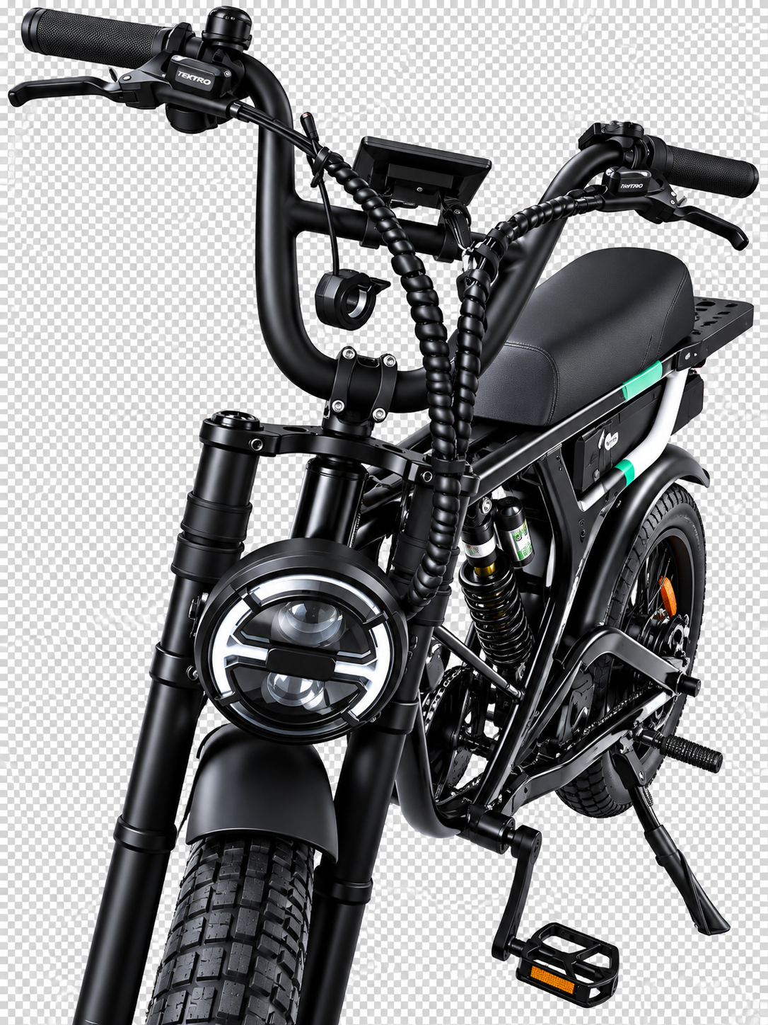 A black electric motorcycle with a cruiser-style handlebar, round headlight, rugged tires, and a kickstand, shown on a transparent checkered background.