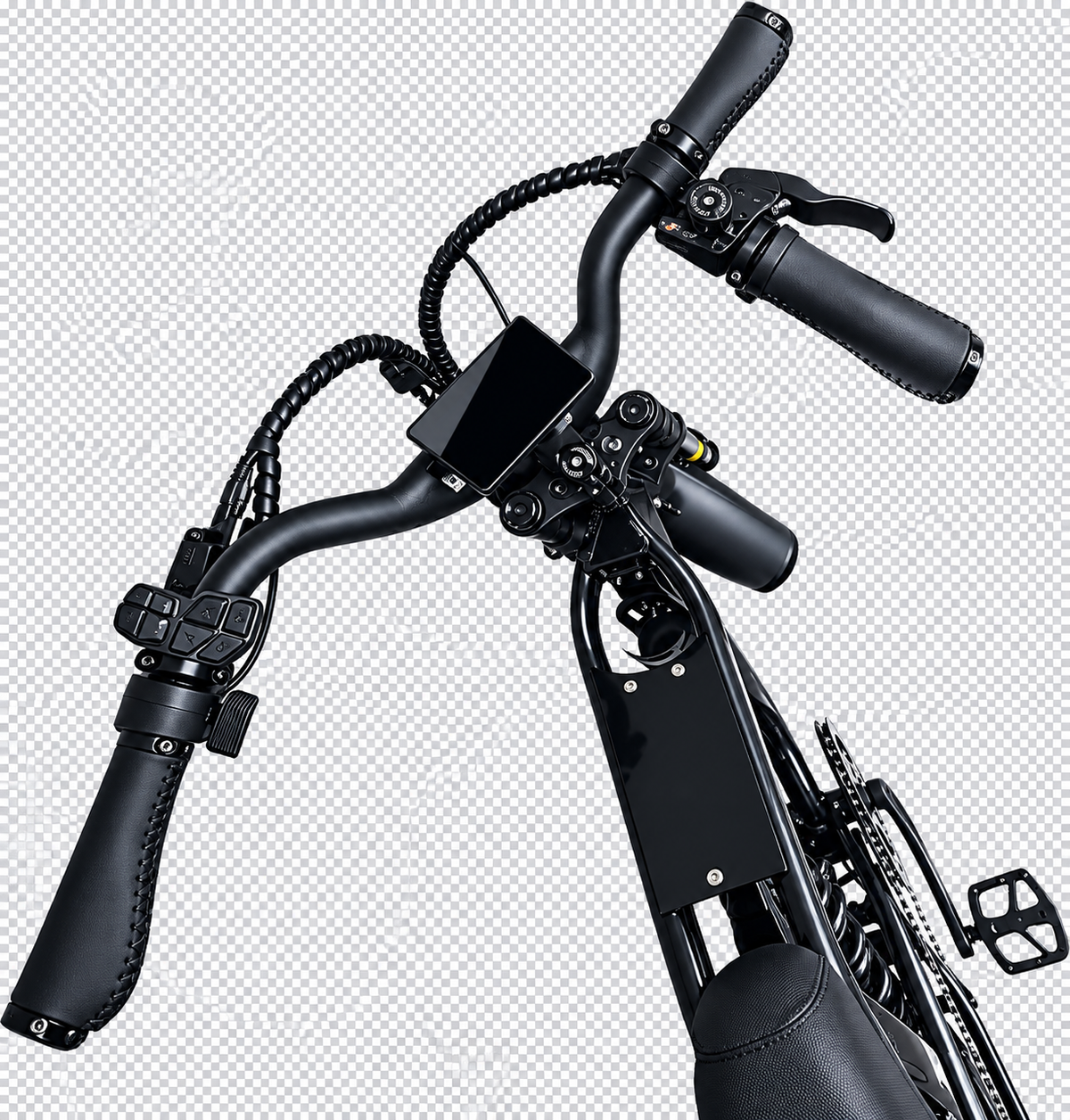 Close-up of a black electric bicycle handlebar assembly with grips, brake levers, a central display screen, and part of the frame by Lazy Boy Bikes shown on a transparent checkered background.