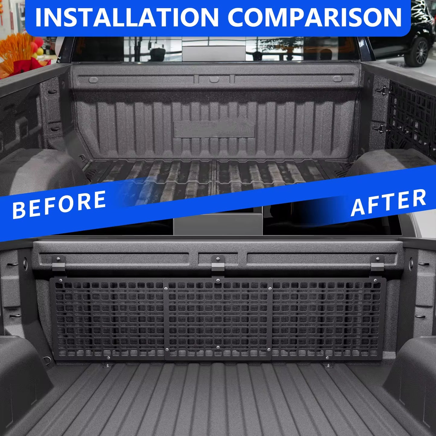 Comparison of a truck bed with and without a storage system labeled 'Before' and 'After'.