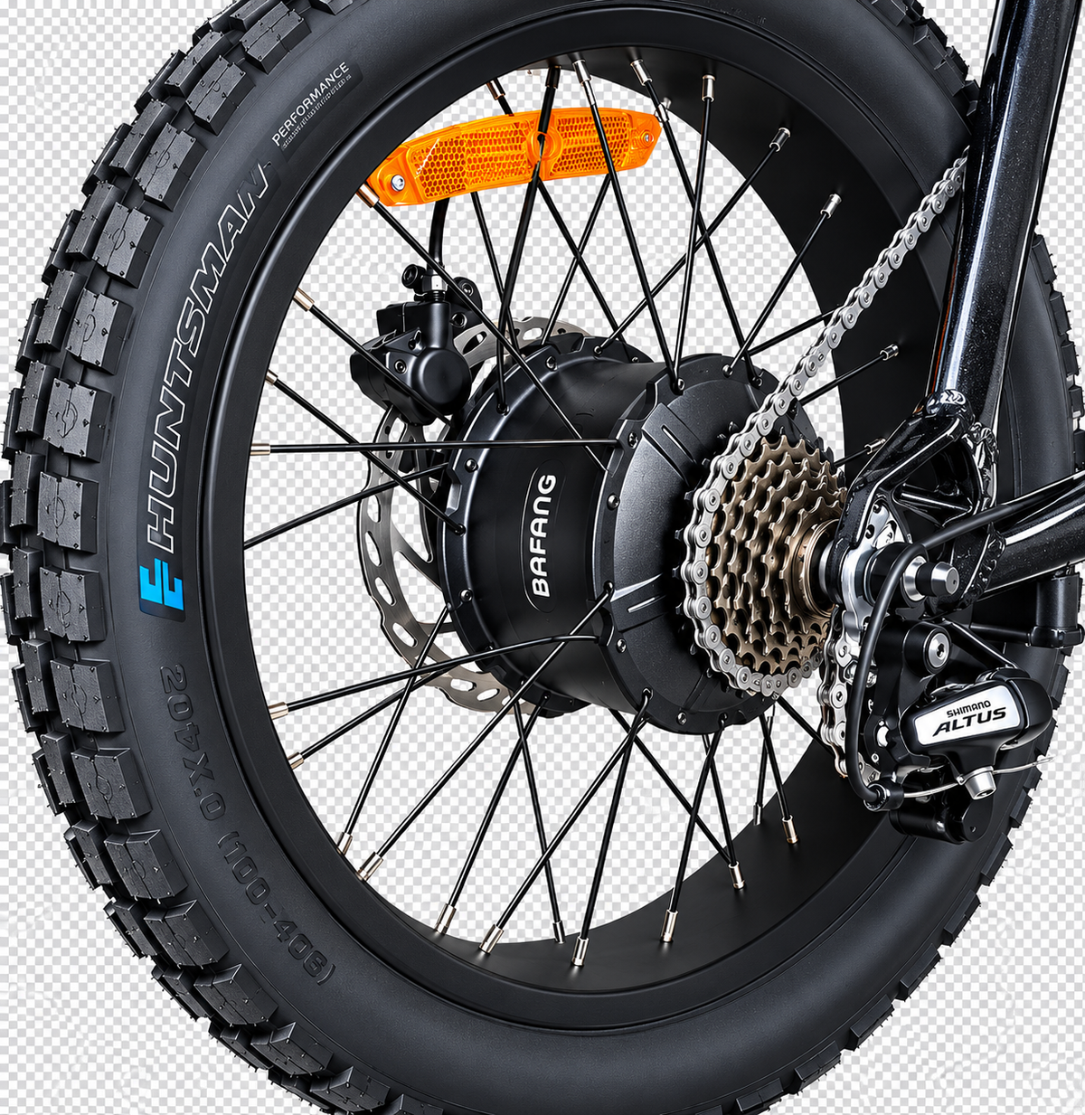Close-up of a Bafang Electic Hub Motor 1000w with a knobby tire, disc brake, cassette, chainring, and rear derailleur by Lazy Boy Bikes on a transparent background.