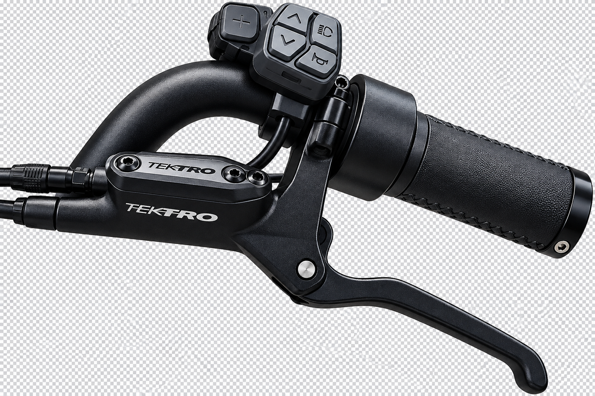 A close-up of a black bicycle handlebar assembly with a Tektro Hydraulic Brake Lever and a control module with directional buttons on a Lazy Boy E-Bike Cruiser, shown against a light gray patterned background.