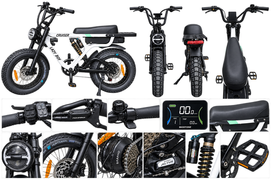 A multi-view product collage of an electric bicycle, showing the front, rear, side, and close-up detail shots of the handlebars, wheels, suspension, battery display, and seat. The bike is branded Lady Bird with visible 'Cruiser' and 'Shoto' markings.