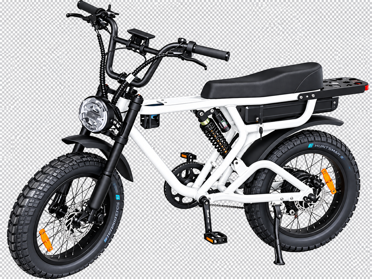 A white and black electric fat-tire bike with a high handlebar, front headlight, rear rack, and suspension system, shown on a transparent checkered background by Lazy Boy Bikes , model is a Cruiser