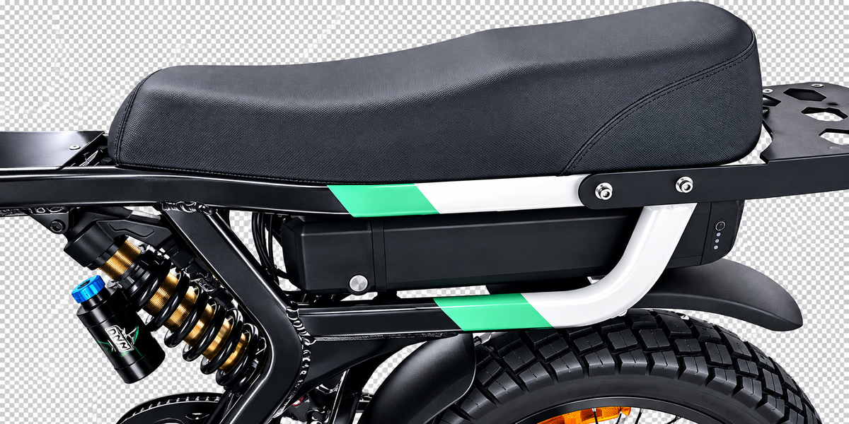Close-up of a black motorcycle or electric Bike seat mounted above a black samsung  52v battery pack, with green and white frame accents, a rear shock absorber on a Lazy Boy Cruiser E-Bike against a transparent checkered background.