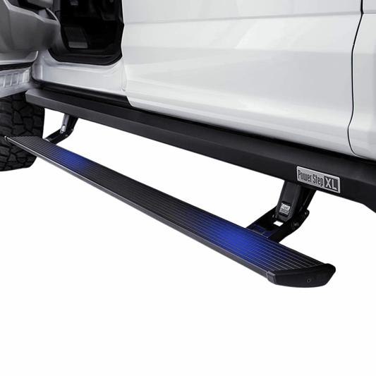 Black running board on a white vehicle with 'Power Step XL' branding.