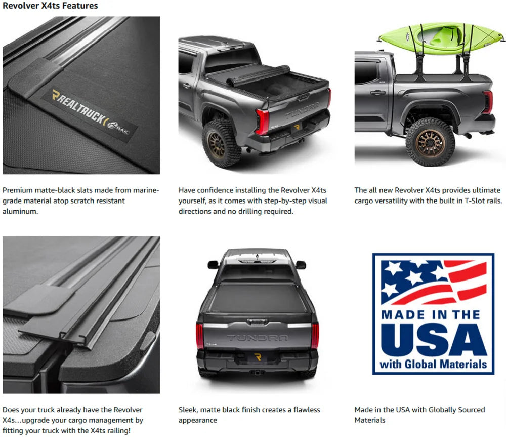 Revolver X4ts truck bed cover features with RealTruck logo and 'Made in the USA' label.