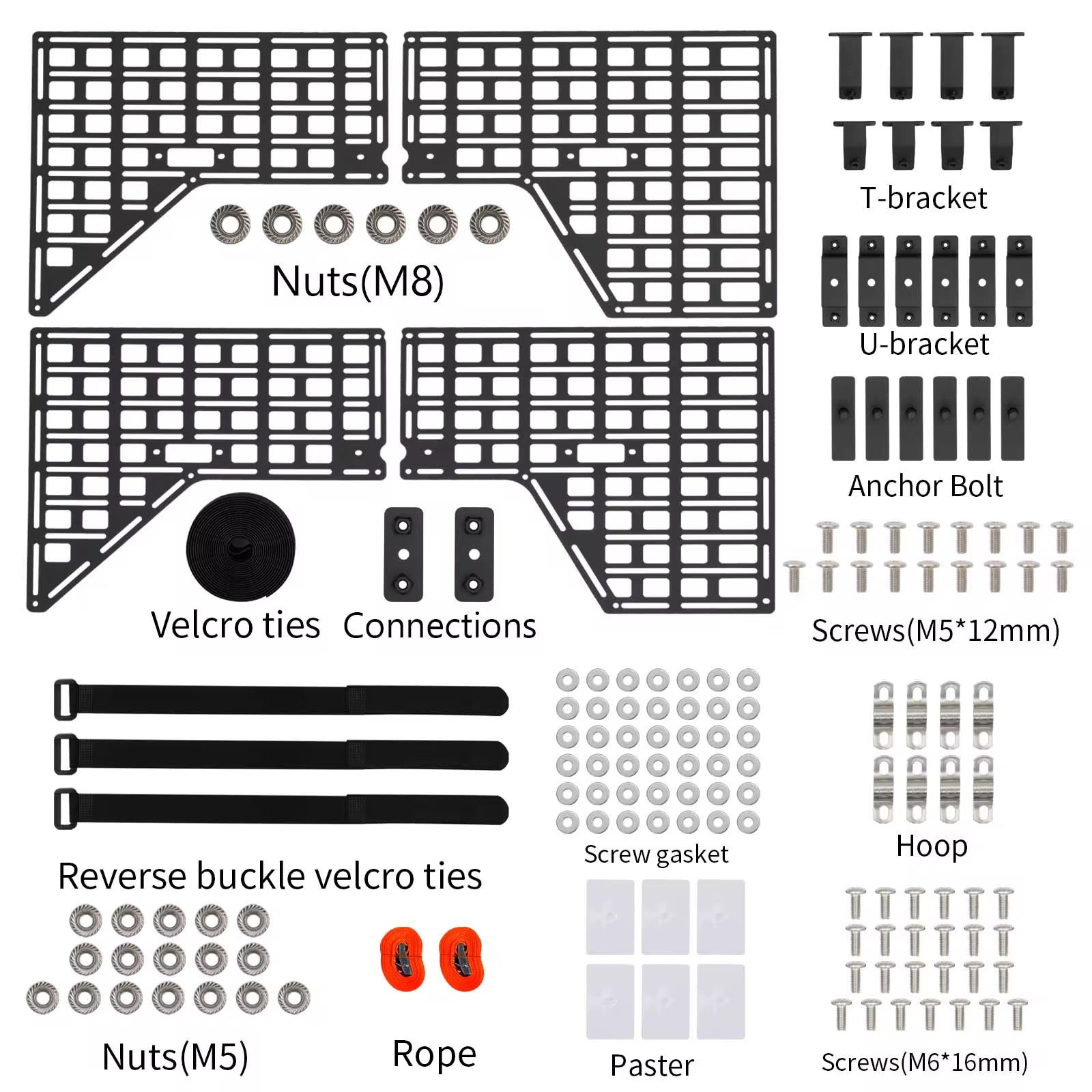 Set of hardware components including nuts, bolts, and other small parts on a white background.