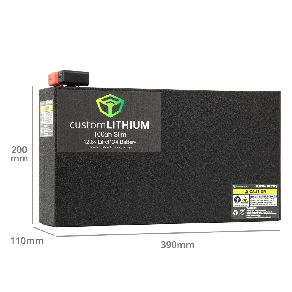 A black lithium-ion battery branded with 'CUSTOM LITHIUM' and specifications such as '12V', '100AH', and '200AH'. The battery is designed for lifePOOL' and is pictured with a red power switch on top.