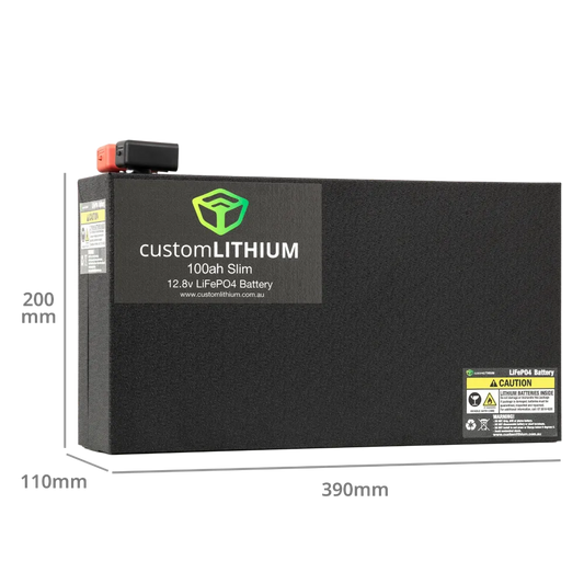 A black lithium-ion battery branded with 'CUSTOM LITHIUM' and specifications such as '12V', '100AH', and '200AH'. The battery is designed for lifePOOL' and is pictured with a red power switch on top.