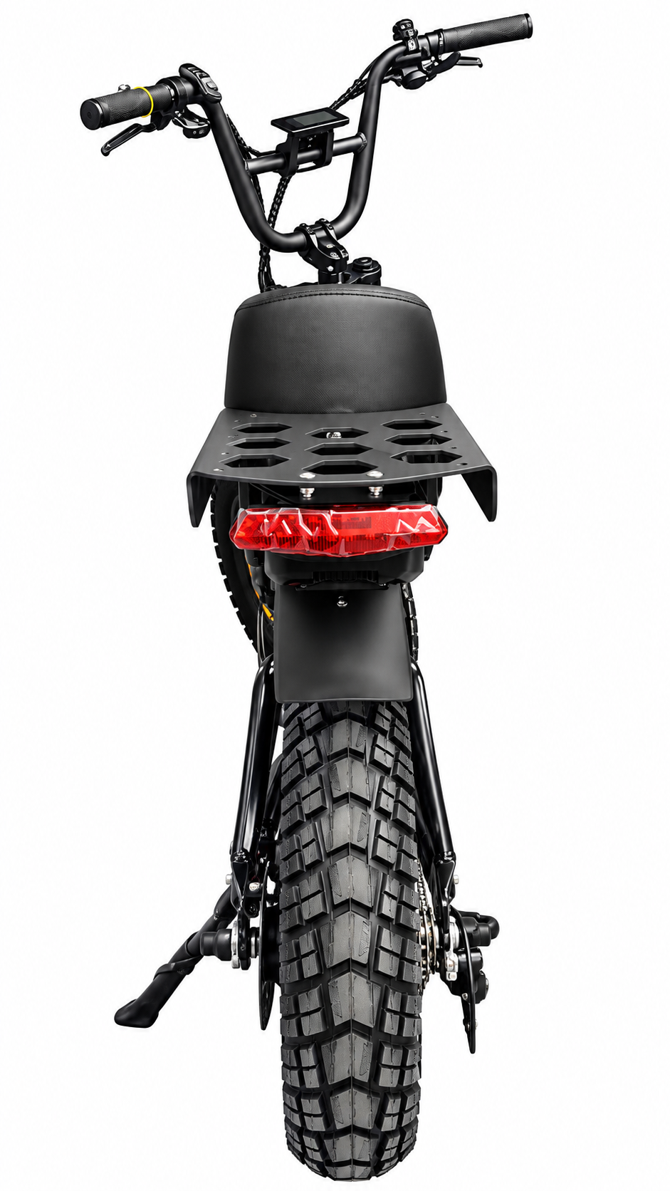 Rear view of a black electric pedal Assist e-bike with a high handlebar, rear cargo rack, and rugged rear tire by Lazy Boy Bikes on a white background.